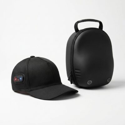 Two black backpacks and a black cap on a light background, focusing on rounded shapes and zippers.