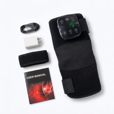 Digital blood pressure monitor with cuff and accessories (charger, user manual) on a white background.