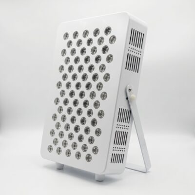 White LED panel on a metal stand, featuring a grid of circular LED bulbs in front of a plain background.