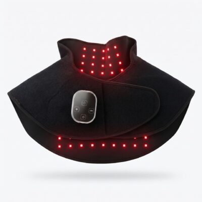 Black neck-worn massager with red LED grid and a silver control remote on the front panel.